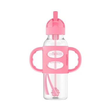 Bình sữa Dr Brown's PP 250ml, cổ hẹp, 2 tay cầm, ống hút silicone, màu hồng xanh ghi - 373.000đ
