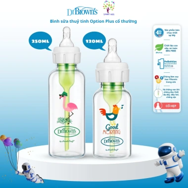 Bình sữa Dr Brown's Thủy tinh cổ thường 120ml & 250ml Option Plus - Giá ưu đãi 310.000đ