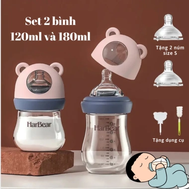 Bình Sữa HarBear Thủy Tinh Chống Đầy Hơi 120ml-180ml Bảo Vệ Bé Giá Ưu Đãi 109.000