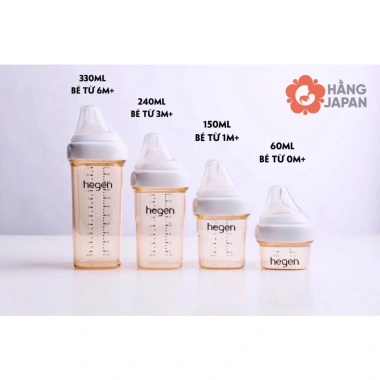 Bình sữa Hegen 60‑330ml cao cấp, có phụ kiện nút, cổ nối, nắp đậy - Hàng chính hãng