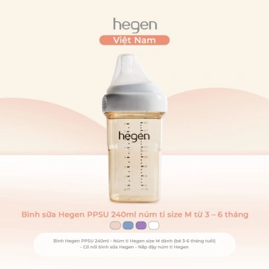 Bình sữa Hegen PPSU 240ml size M (3‑6 tháng) núm ti, van chống sặc, dễ vệ sinh 649k