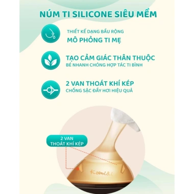 Bình sữa Kamidi silicone an toàn cho bé sơ sinh, chống sặc, giảm đầy hơi, 414k