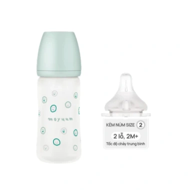Bình sữa Moyuum trắng xanh họa tiết thủy tinh tráng silicon Hàn Quốc 150ml 240ml tặng kèm núm 3