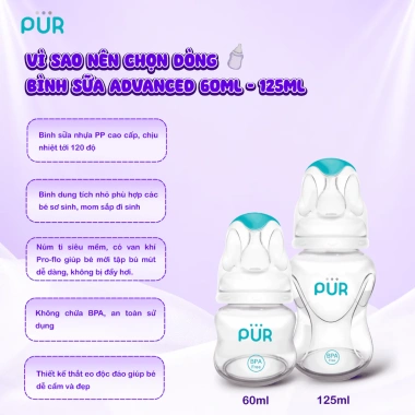 Bình sữa Pur Advanced 60ml – Núm size S (0‑3 tuổi) giá ưu đãi 148,129₫