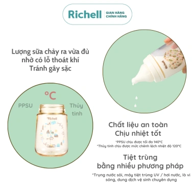 Bình sữa RICHELL Nhật Hanaemi chống sặc PPSU & Thủy tinh - An toàn bé, giá 323k