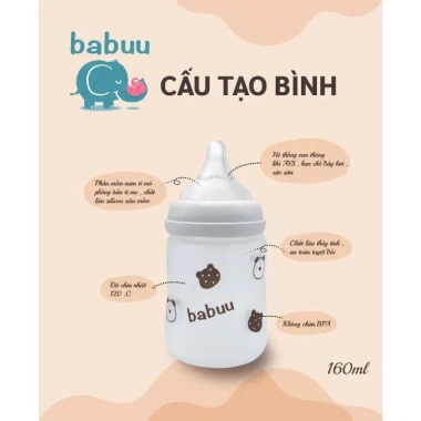 Bình sữa thủy tinh Babuu bọc silicone cổ rộng 160/240ml, núm siêu mềm, điều chỉnh khớp ngậm - Giá ưu đãi 143.440đ