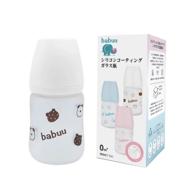 Bình sữa thủy tinh Babuu bọc silicone cổ rộng 160ml-240ml, núm mềm, khớp ngậm điều chỉnh – 165k