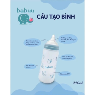 Bình sữa thủy tinh Babuu bọc silicone cổ rộng 160ml-240ml, núm mềm, khớp ngậm điều chỉnh – 165k