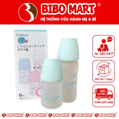 Bình sữa thủy tinh Babuu bọc silicone cổ rộng 160ml‑240ml, núm siêu mềm, điều chỉnh khớp ngậm - Giá 160.000đ