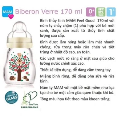 Bình sữa thủy tinh MAM 170ml TamTam - Giá ưu đãi 530k, chất liệu an toàn cho bé