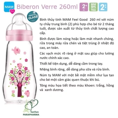 Bình sữa thủy tinh MAM 260ml Đủ màu TamTam, an toàn cho bé, giá chỉ 650.000₫ 5