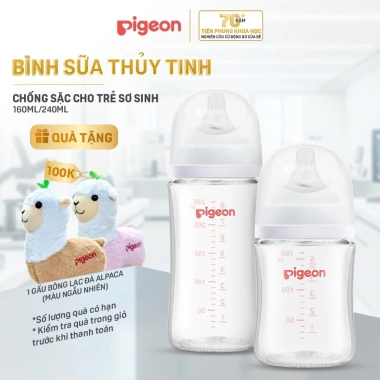 Bình sữa Thuỷ Tinh Pigeon Softouch Baby‑Friendly World 160ml‑240ml Núm siêu mềm, giá ưu đãi 539.000₫