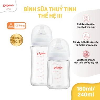 Bình sữa Thuỷ Tinh Pigeon Softouch Baby‑Friendly World 160ml‑240ml Núm siêu mềm, giá ưu đãi 539.000₫