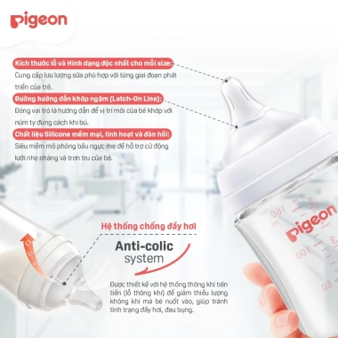 Bình sữa Thuỷ Tinh Pigeon Softouch Baby‑Friendly World 160ml‑240ml Núm siêu mềm, giá ưu đãi 539.000₫