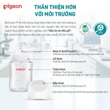 Bình sữa Thuỷ Tinh Pigeon Softouch Baby‑Friendly World 160ml‑240ml Núm siêu mềm, giá ưu đãi 539.000₫