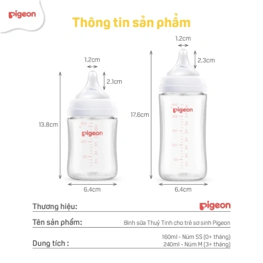 Bình sữa Thuỷ Tinh Pigeon Softouch Baby‑Friendly World 160ml‑240ml Núm siêu mềm, giá ưu đãi 539.000₫