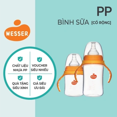 Bình sữa Wesser chính hãng cổ rộng PP 180ml‑260ml, giá ưu đãi 198.550₫