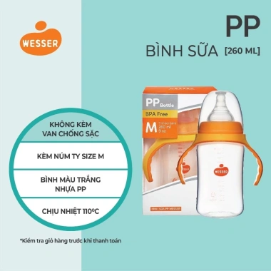 Bình sữa Wesser chính hãng cổ rộng PP 180ml‑260ml, giá ưu đãi 198.550₫