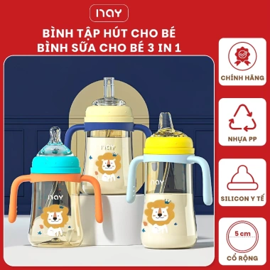 Bình tập 3IN1 cho bé 6-12 tháng - Sư tử cute, chống sặc, chống đầy hơi, tay cầm tiện lợi - Giá chỉ 90.000