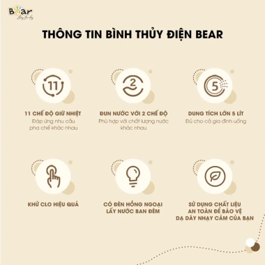 Bình Thủy Điện Bear SB BTD5L 5L - Đun sôi nhanh, giữ nhiệt, 11 mức, khử clo, giá 1.66 triệu