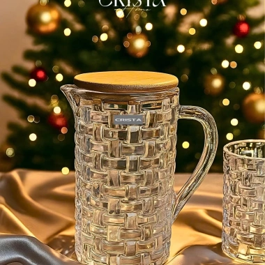 Bình Thủy Tinh CRISTA HOME 1L Vân Caro Nắp Tre - Decor Sang Trọng, Quà Tặng 365k