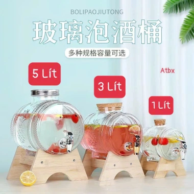 Bình thủy tinh đựng rượu 1L-5L kèm kệ gỗ dày dặn - vòi - Đồ ngâm sang chảnh