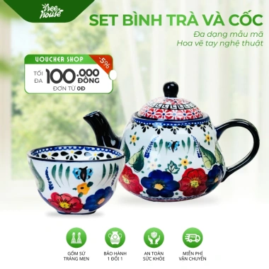 Bình Trà & Cốc Trà Gốm Sứ Tráng Men An Toàn - Họa Tiết Vẽ Tay Độc Đáo Sang Trọng 101.143 VND