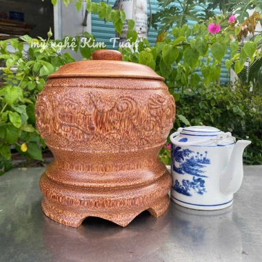 Bình ủ trà gỗ dừa Chạm Tứ Linh 1.200-2.000ml Kim Tuấn - Quà tặng phong thủy, Long Lân