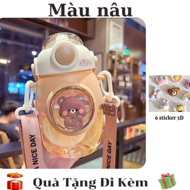 Bình Uống Nước 820ml Màu Nâu Họa Tiết Dễ Thương, Ống Hút Silicon, Giá 94.900₫