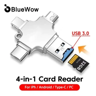 Bluewow Đầu Đọc Thẻ TF 4 trong 1 - Micro USB, USB 3.0 Loại C, OTG iPhone Laptop, Giá chỉ 95.700₫