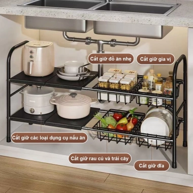 BMZAR Kệ gầm bếp 1-2 tầng, điều chỉnh độ dài 53-88cm, bồn rửa & xoong nồi - Giá 279.000₫