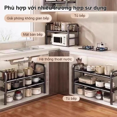 BMZAR Kệ gầm bếp 1-2 tầng, điều chỉnh độ dài 53-88cm, bồn rửa & xoong nồi - Giá 279.000₫