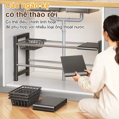 BMZAR Kệ gầm bếp 1-2 tầng, điều chỉnh độ dài 53-88cm, bồn rửa & xoong nồi - Giá 279.000₫