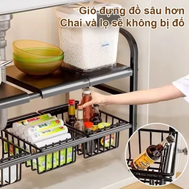 BMZAR Kệ gầm bếp 1-2 tầng, điều chỉnh độ dài 53-88cm, bồn rửa & xoong nồi - Giá 279.000₫