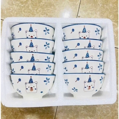 Bộ 10 Chén Sứ Ăn Cơm Cao Cấp Họa Tiết Gấu Đội Nón Dễ Thương – An Toàn, Đẹp Bền, 139.000₫