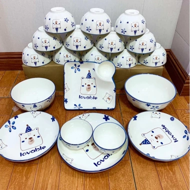 Bộ 10 Chén Sứ Ăn Cơm Cao Cấp Họa Tiết Gấu Đội Nón Dễ Thương – An Toàn, Đẹp Bền, 139.000₫