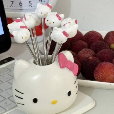 Bộ 10 nĩa trái cây inox 304 Hello Kitty kèm hộp - xiên & dĩa ăn hoa quả - 97.000đ