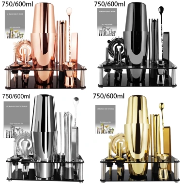 Bộ 15 Shaker Cocktail Thép không gỉ 750ml Đen và Vàng hồng - Chân đế sang trọng, không gỉ, giá ưu đãi 315.000₫