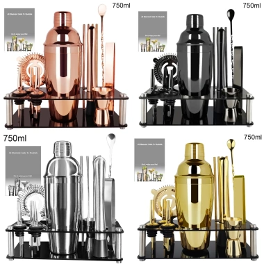 Bộ 15 Shaker Cocktail Thép không gỉ 750ml Đen và Vàng hồng - Chân đế sang trọng, không gỉ, giá ưu đãi 315.000₫