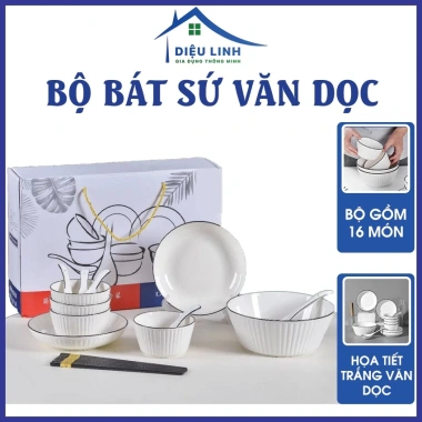 Bộ 16 chén bát sứ văn dọc, trắng viền đen sang trọng - 319.000đ | Dieulinhshop