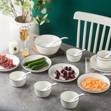 Bộ 16 chén bát sứ văn dọc, trắng viền đen sang trọng - 319.000đ | Dieulinhshop