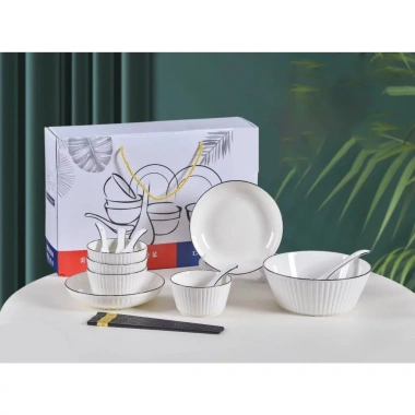 Bộ 16 chén bát sứ văn dọc, trắng viền đen sang trọng - 319.000đ | Dieulinhshop