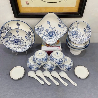 Bộ 18 món Hoa Sen gốm sứ - Tô chén dĩa 5 người Sen Xoài hoặc Sen Vuông giảm giá 218.999 VND