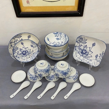 Bộ 18 món Hoa Sen gốm sứ - Tô chén dĩa 5 người Sen Xoài hoặc Sen Vuông giảm giá 218.999 VND