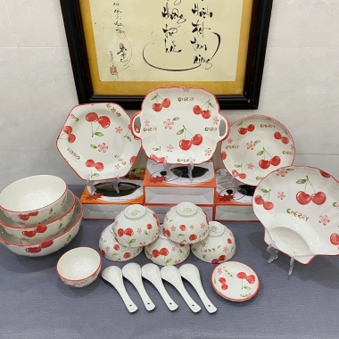 Bộ 19 chi tiết tô chén dĩa hoa văn Cherry hiện đại, dễ thương - 300.300₫, không hộp quà 10