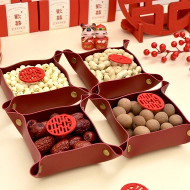 Bộ 2 khay đĩa da đỏ - Đựng kẹo bánh, trang trí tiệc cưới, Tết, chỉ 85.000 VND