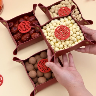 Bộ 2 khay đĩa da đỏ - Đựng kẹo bánh, trang trí tiệc cưới, Tết, chỉ 85.000 VND