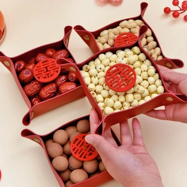 Bộ 2 khay đĩa da HOPI màu đỏ - Đựng kẹo bánh, trái cây, trang trí tiệc cưới, Tết, giảm giá 60.000₫ 2