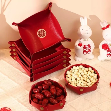 Bộ 2 khay đĩa da HOPI màu đỏ - Đựng kẹo bánh, trái cây, trang trí tiệc cưới, Tết, giảm giá 60.000₫ 7