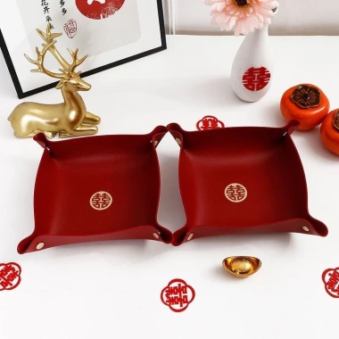 Bộ 2 khay đĩa da HOPI màu đỏ - Đựng kẹo bánh, trái cây, trang trí tiệc cưới, Tết, giảm giá 60.000₫ 9
